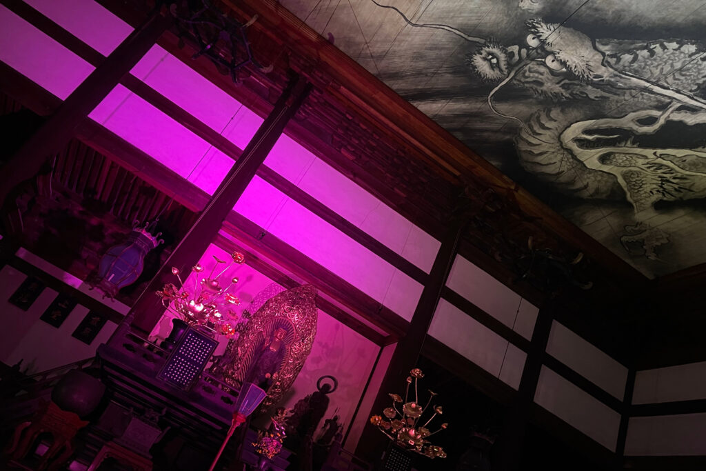 夜間特別拝観「ZEN NIGHT 東福寺」の法堂で特別公開された釈迦如来立像と天井画「蒼龍図」