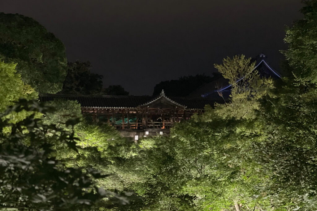 夜間特別拝観「ZEN NIGHT 東福寺」でライトアップされた通天橋と青もみじ