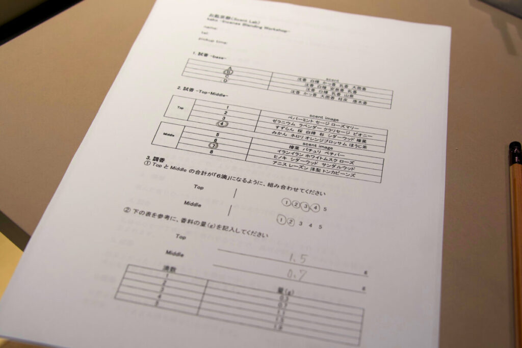 お匙 京都の調香体験でTopとMiddleの香りの配分を決めるシート