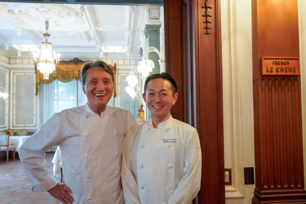 Restaurant Molièreのオーナーシェフ・中道博さんと、長楽館FRENCH LE CHENEの料理長・橋本和樹さんが、北海道と京都の食材を生かしたフレンチディナーコースを提供
