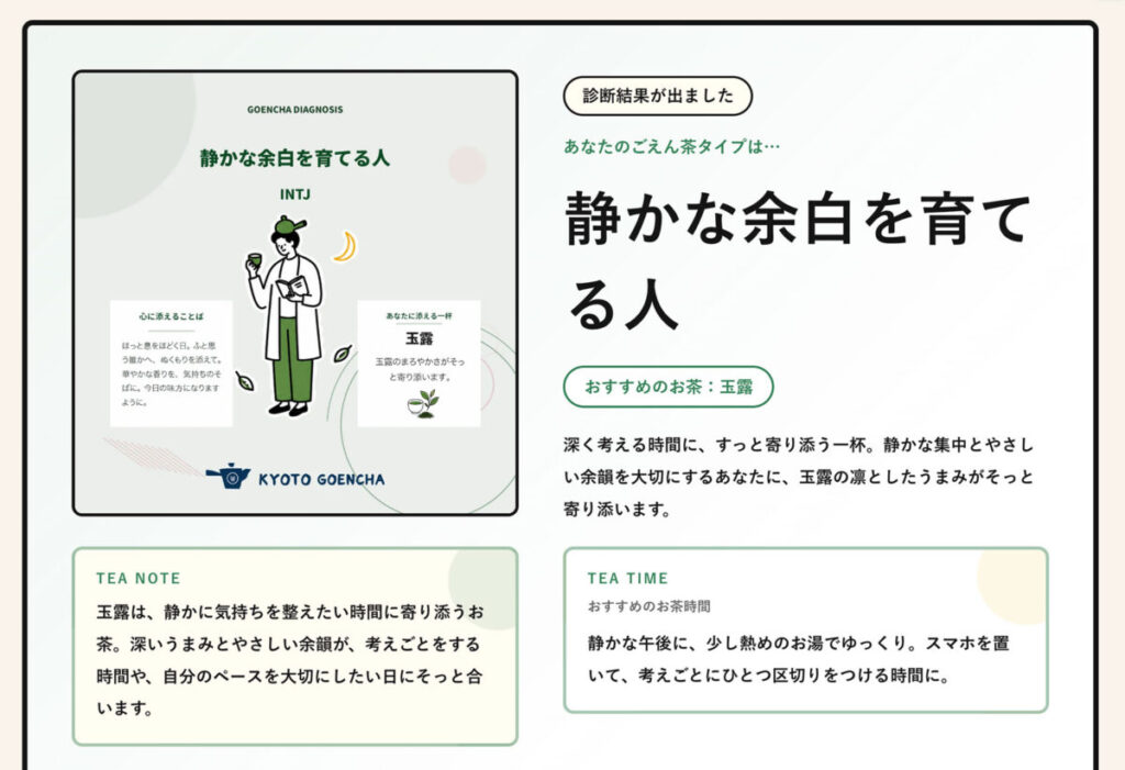「16タイプ別 ごえん茶診断」の結果画面イメージ(京都・ごえん茶)