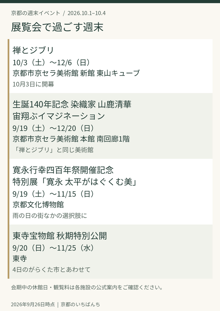 2026年10月1日から4日に京都で楽しめる展覧会の会期と会場一覧