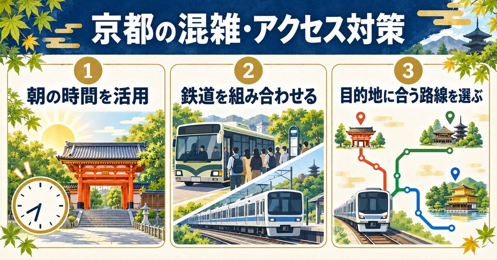 朝の時間の活用や鉄道利用など、シルバーウィークの京都の混雑・アクセス対策を示したイラスト