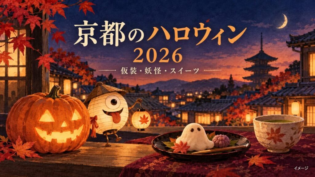 京都のハロウィンを表す、かぼちゃや妖怪、スイーツを描いたイメージイラスト（AI生成）